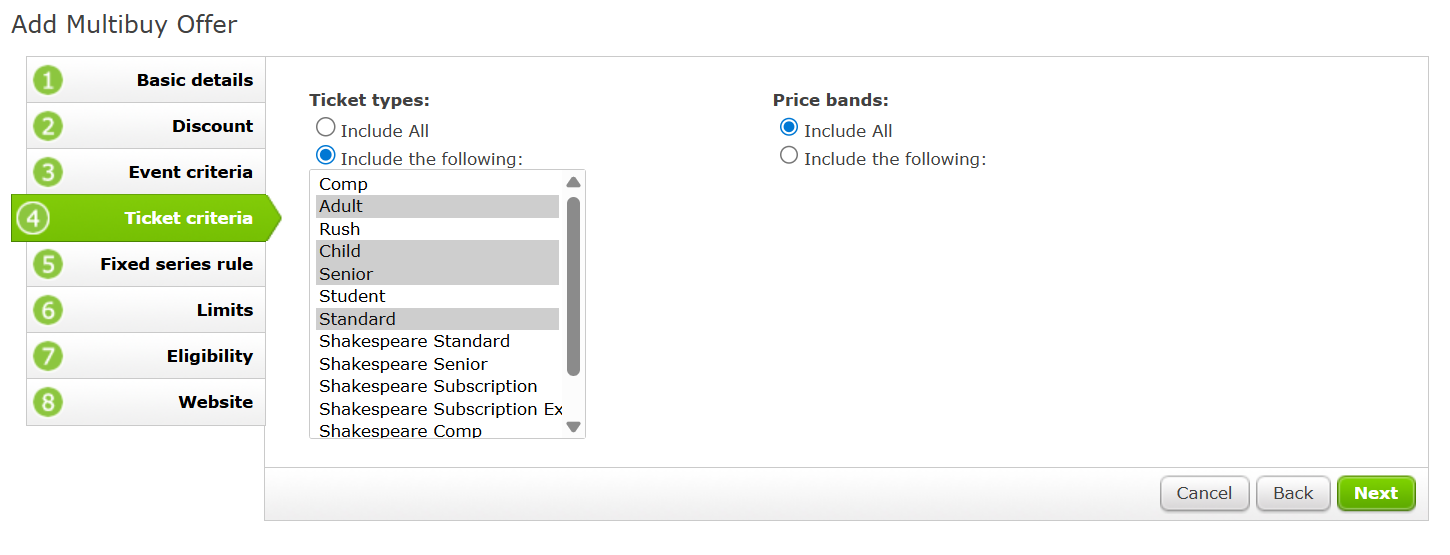 The Ticket Criteria page for a Multibuy Offer setup.