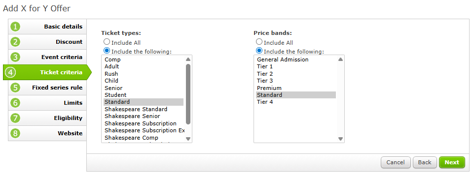 The Ticket Criteria page for an X for Y Offer setup.