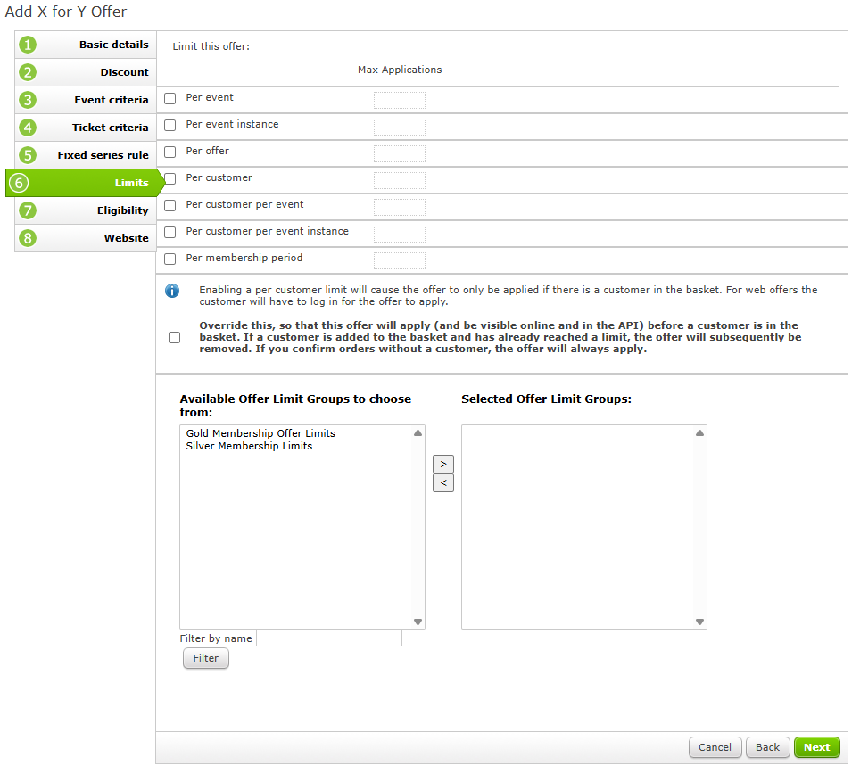 The Limits page of an X for Y Offer setup.