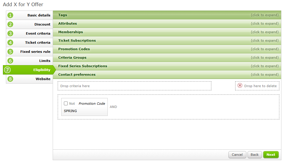 The Eligibility page of an X for Y Offer setup.