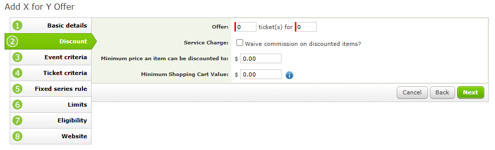 The Discount page of an X for Y Offer setup.