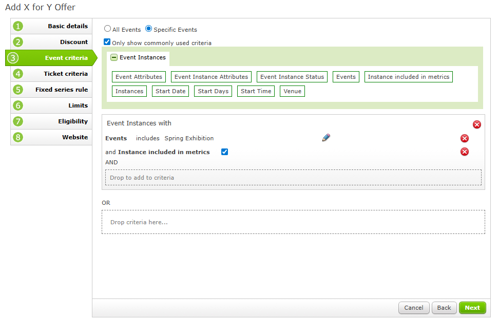 The Event Criteria page of an X for Y Offer.