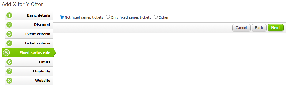 The Fixed Series Rule page of an X for Y Offer setup.