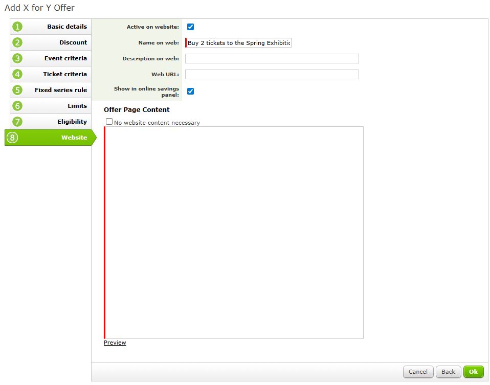 The Website page of an X for Y Offer setup.