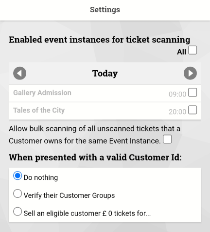 Scanning Interface settings screen showing event instances and customer ID options