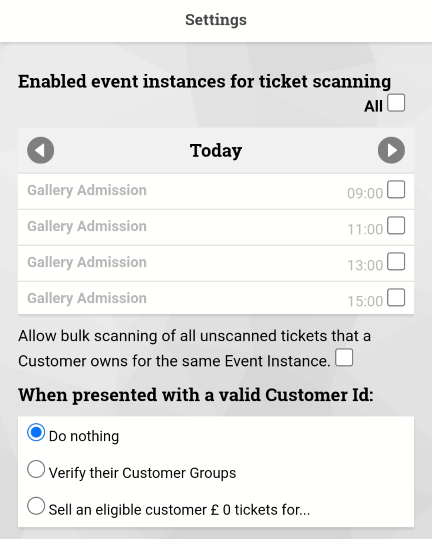 Scanning Interface Settings screen showing enabled event instances and customer ID options