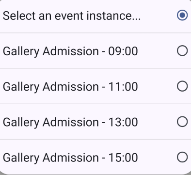 Dropdown menu showing a list of specific event instances to select