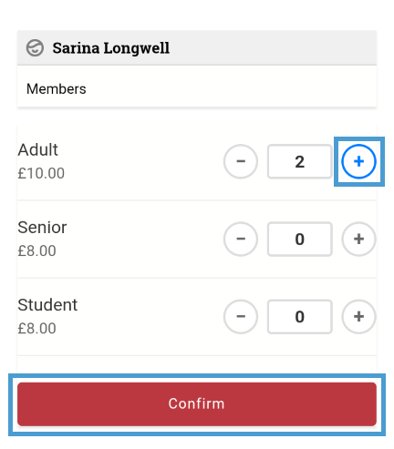 Interface showing ticket quantity selection and the confirm button