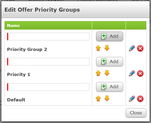 A list of all Priority Groups, with the opportunity to add, reorder, edit or delete groups.