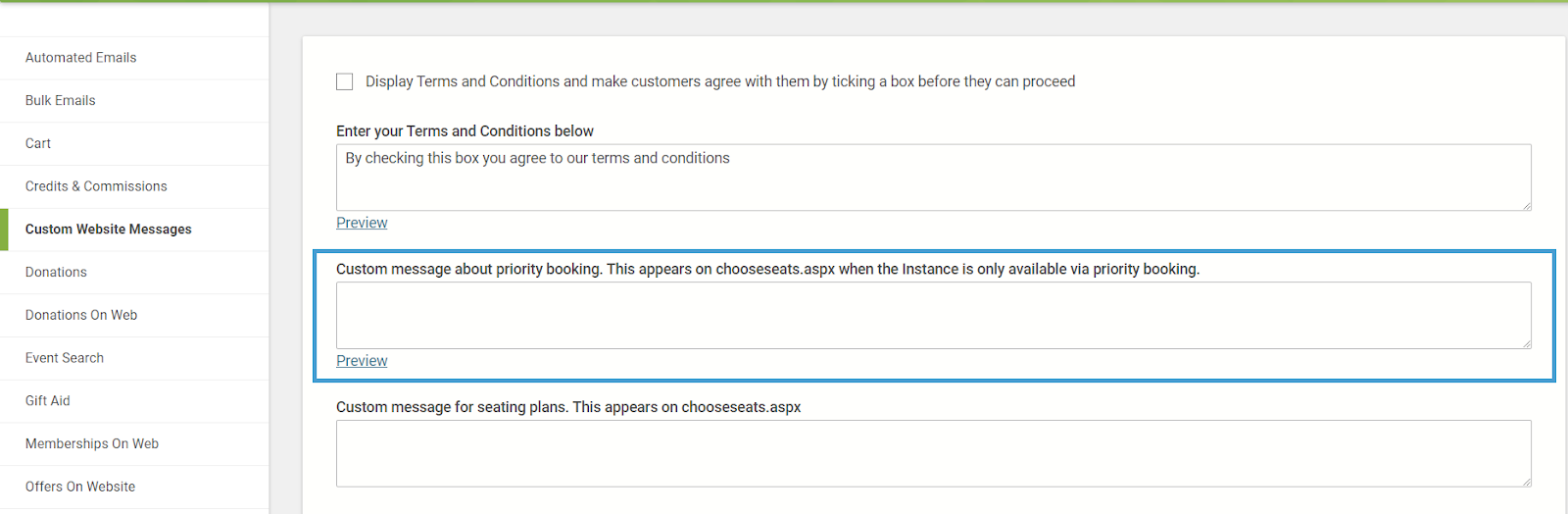 Custom website message for Priority Booking.