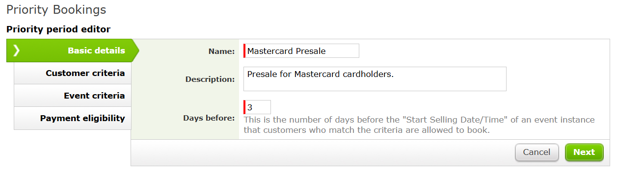 Basic Details page in the Priority Period Editor.