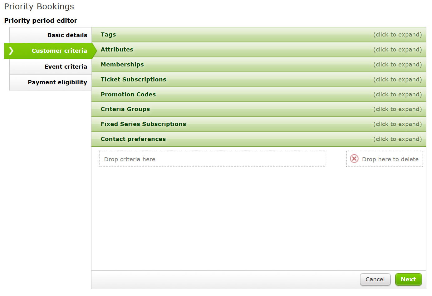 The Customer criteria page of the Priority Period Editor
