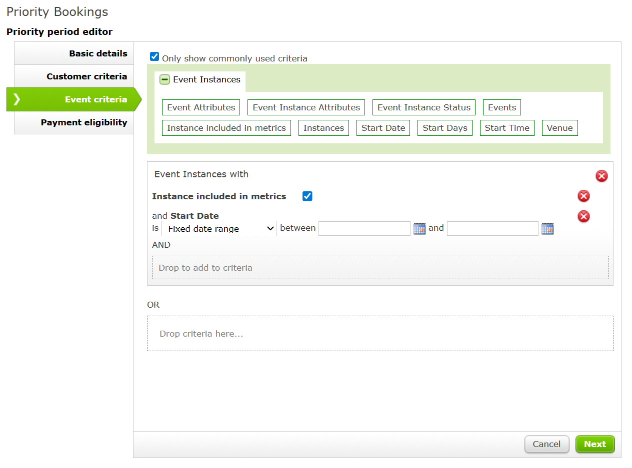 The Event Criteria page of the Priority Period Editor.