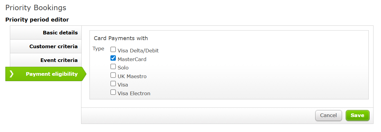 The Payment Eligibility page of the Priority Period Editor.