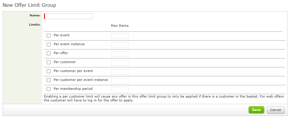 The New Offer Limit Group screen.