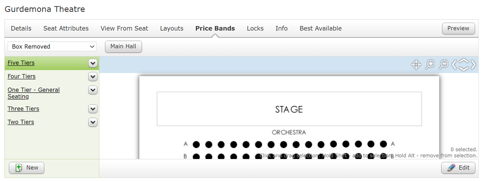 The Price Bands Tab of a Seating Plan.