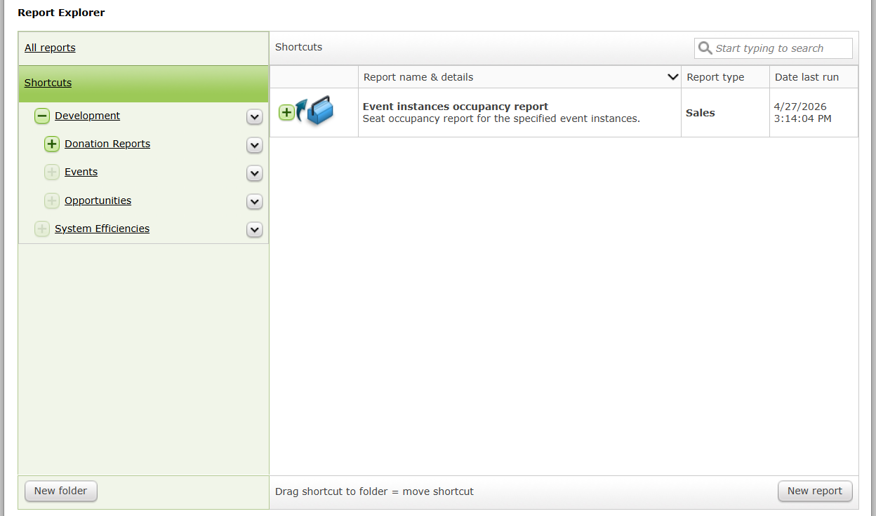 Viewing Shortcuts in the Report Explorer.