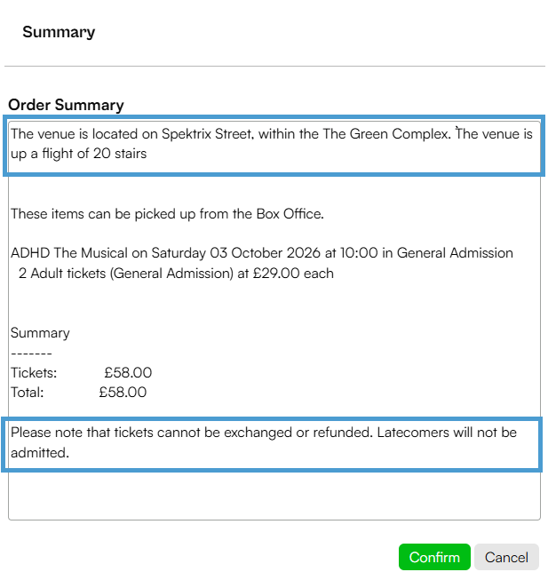 a screenshot of example of order summary header and footer text on order confirmation