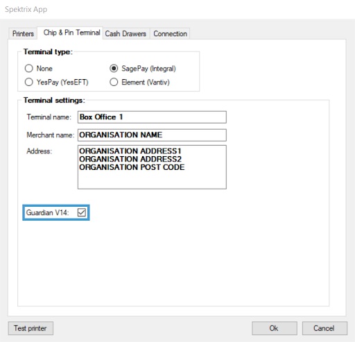 chip and pin terminal tab selected in box office app showing sagepay pin pad selected and guardian v14 box checked