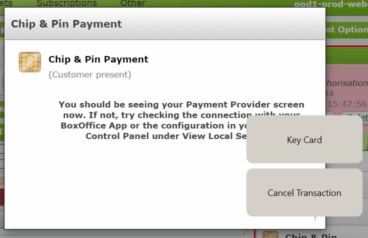 opayo chip and pin payment screen  with key card and cancel transaction buttons