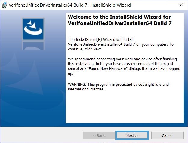 welcome screen for driver installation with next button highlighted