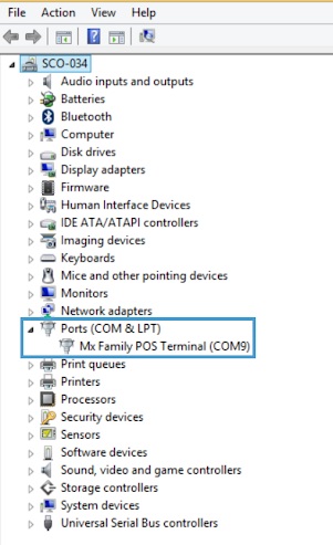 windows device manager displaying ports and mx family pos terminal set against com9 port